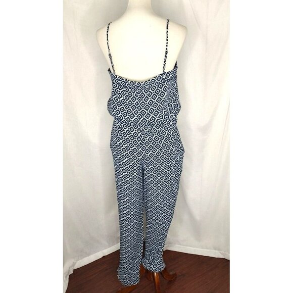 LOFT Jumpsuit S Navy Blue Geo Print Straight Leg Strappy - Picture 8 of 11